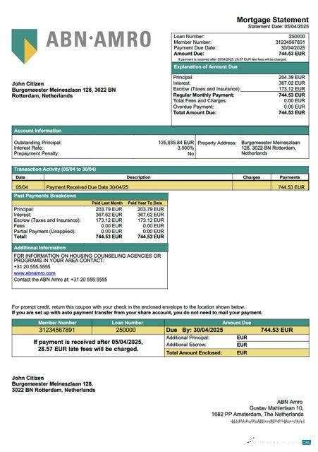 Download Netherlands ABN Amro mortgage statement Word and PDF template Photoshop template